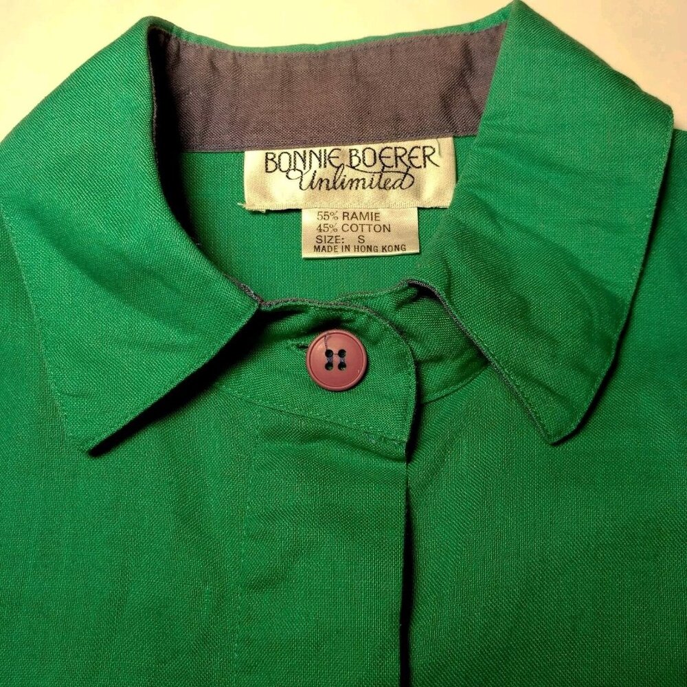 Bonnie Boerer Unlimited Blouse S Green Button Nautical Porthole Palm Tree Cruise - Picture 7 of 16